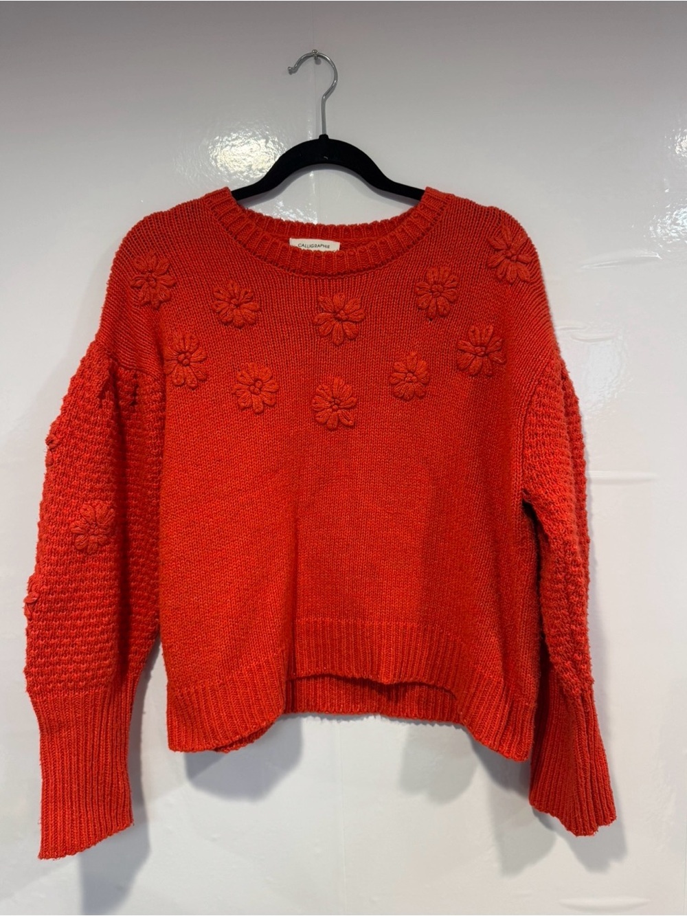 Calligraphie Anthropologie Red Floral Applique‎ Knit Sweater